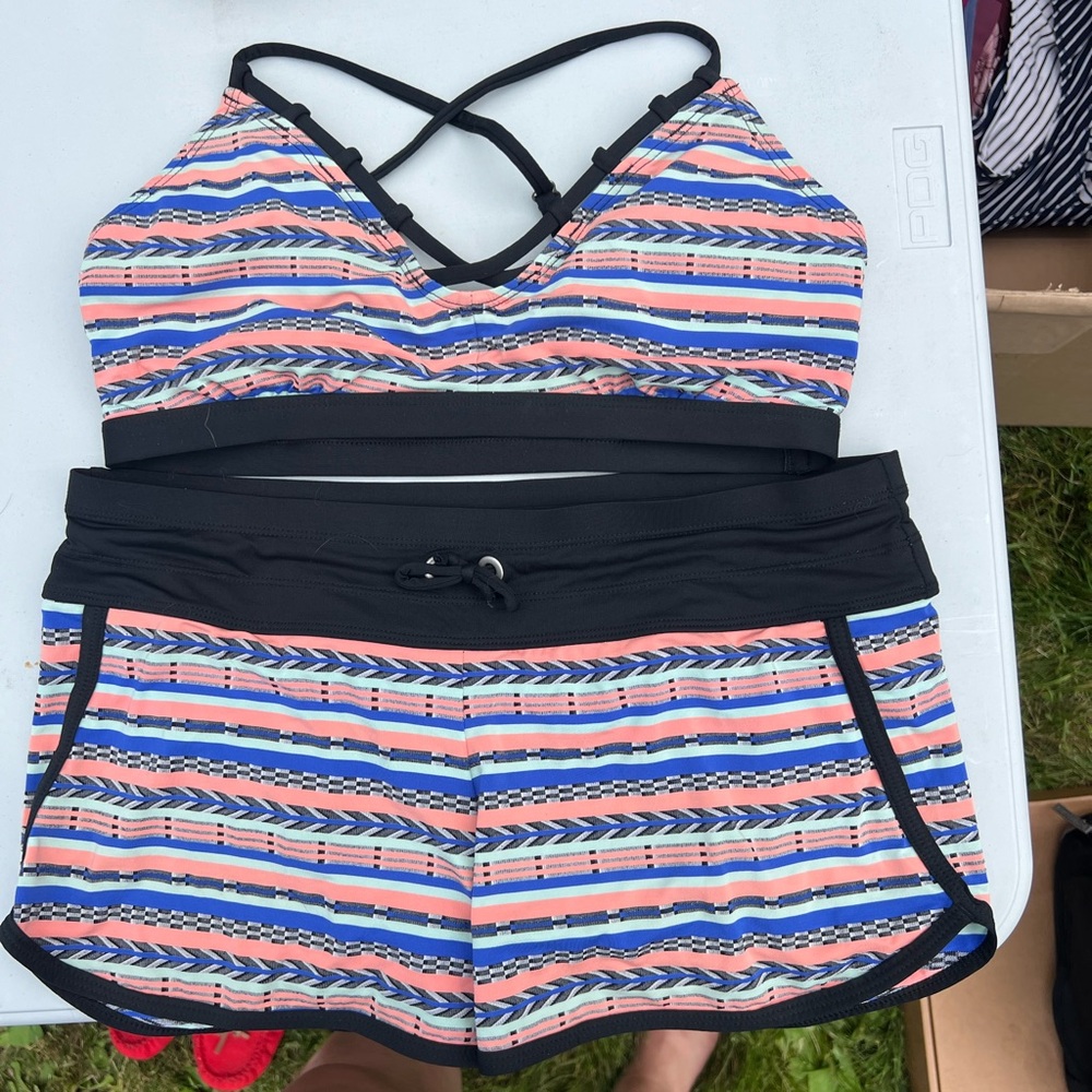 Athleta Striped Bikini Set with Black Trim